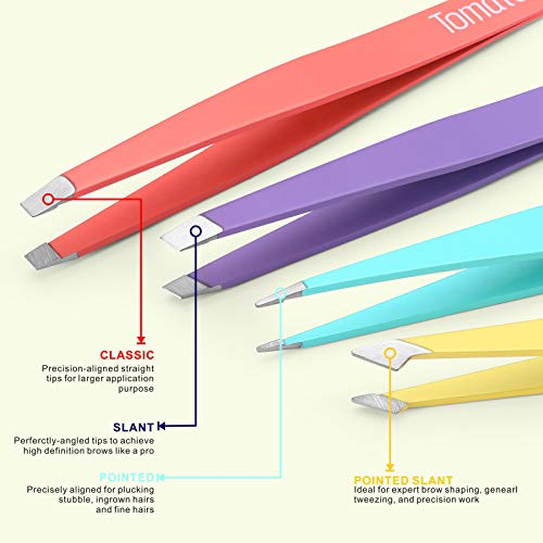 Tomata Tweezers for Eyebrows, Slant Tip and Pointed Eyebrow Tweezer Set Great Precision for Eyebrows Facial Hair, Ingrown Hair, Splinter, Blackhead and Tick Remover (4-piece) (Multi-color) - color: Multi-color