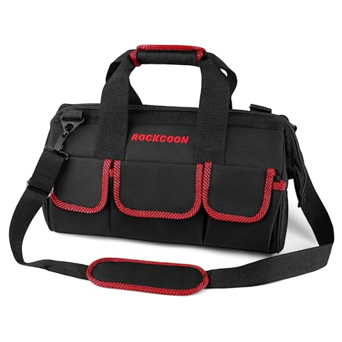 Tool Bag 16'', Multi-pocket Tool Organizer with Shoulder Strap, Heavy Duty Tote with for Tool Storage, Black & Red - color: Red