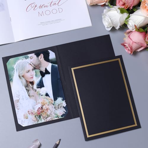 100 Count Photo Folders for 4x6 or 5x7 Pictures,Paper Picture Frames,Cardboard Greeting Photo Frame Cards for Graduation Wedding Birthday Classroom DIY (Black with Gold Trim) - style: 100CT - Black