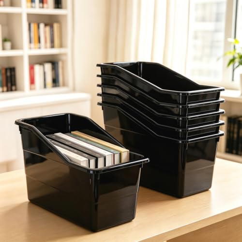 12 Pack Book Bins for Classroom Stackable Plastic Storage with Labels - color: Black