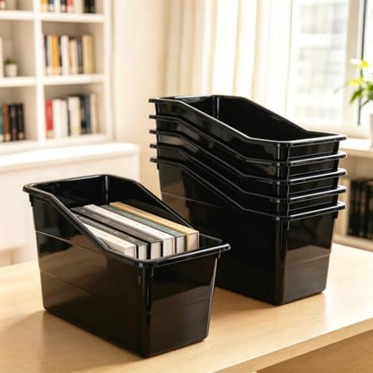 12 Pack Book Bins for Classroom Stackable Plastic Storage with Labels - color: Black