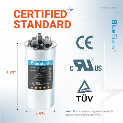 [UL Certified] BlueStars 35+3 MFD 35/3 uf 370 or 440 VAC Dual Run Round Capacitor CBB65 - Fit for Condenser Straight Cool Heat Pump Air Conditioner AC Motor - Replaces USA2226BA 97F9472 C3353R - size: 35+3 MFD