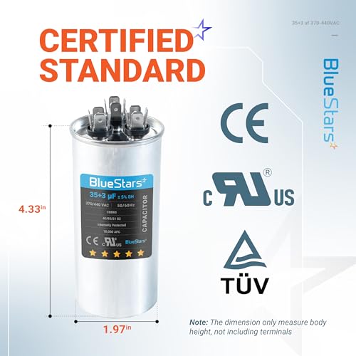 [UL Certified] BlueStars 35+3 MFD 35/3 uf 370 or 440 VAC Dual Run Round Capacitor CBB65 - Fit for Condenser Straight Cool Heat Pump Air Conditioner AC Motor - Replaces USA2226BA 97F9472 C3353R - size: 35+3 MFD