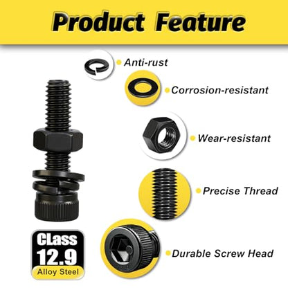 Kadrick M5 Screws Kit 1040PCS,M5x8mm-40mm Bolts with Nuts, Washers & Hex Wrench, Optimized Size Distribution, Class 12.9 Socket Head Cap M5 Screws, Black Zinc Plated, for Mechanical, Repair & DIY - size: M5 1040Pcs