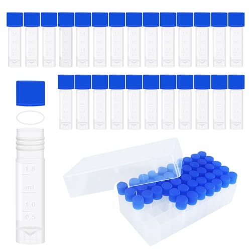 2ml Small Plastic Cryogenic Vials, Leakproof Self-Stand Cryotubes 50pcs Box - size: 50 pcs with 50 well box