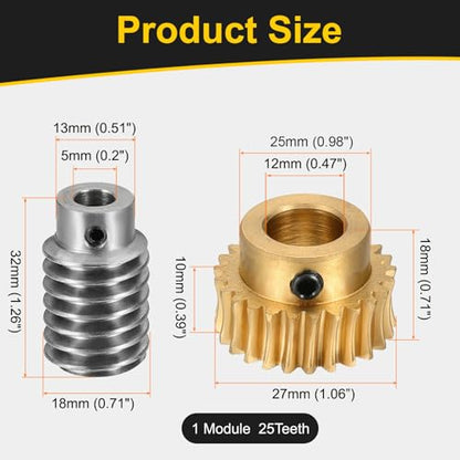 uxcell Worm Gear Set Right Rotation 25T 1 Module 25:1 Reduction Rate - size: Gear-12mm, Worm-5mm Bore, style: 1M-25T