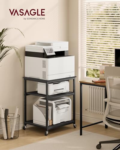 VASAGLE 3-Tier Printer Stand with Locking Wheels, Under Desk Printer Table - color: Ebony Black, size: 3 Tiers/Large