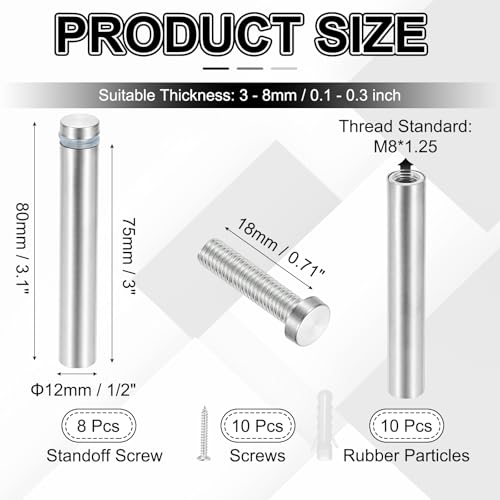PATIKIL 1/2x3.1" Standoff Screws, 8 Pack Stainless Steel Stand Off Wall Mounts Wall Sign Mounting Hardware Advertising Standoff Nail for Hanging Acrylic Signs Picture Frame, Silver - size: 1/2x3.1"