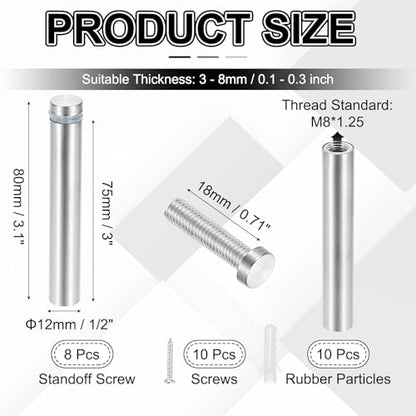 PATIKIL 1/2x3.1" Standoff Screws, 8 Pack Stainless Steel Stand Off Wall Mounts Wall Sign Mounting Hardware Advertising Standoff Nail for Hanging Acrylic Signs Picture Frame, Silver - size: 1/2x3.1"