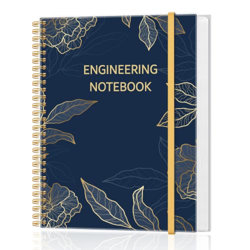 Engineering Notebook/Engineer Graph Paper Notebook - (.25" Grid Format), Lab Notebook Quad Ruled Book with Grid Pages: Table of Contents for Chemistry, Physics, 8" x 10", Spiral Bound, Blue Flower - color: Blue Gold Flower