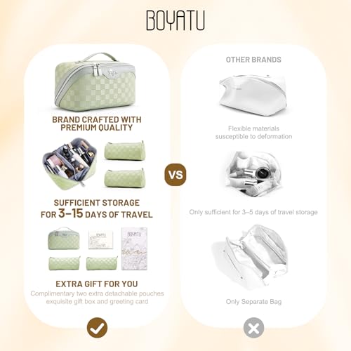 BOYATU Travel Makeup Bag Organizer: 180°Open-Flat 3 Pcs Make up Bags Set - color: 01-D-Green