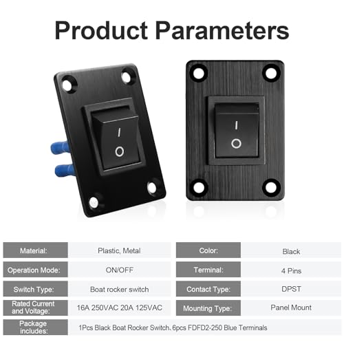 1Pc Black KCD4 Boat Rocker Switch 2-Position 4-Pin DPST Panel Switch - color: 1Pcs Black/with 6pcs FDFD2-250 Blue Terminals