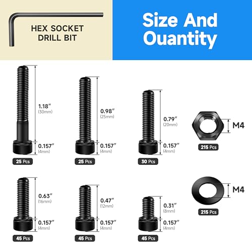 645 Pieces M4 Bolts, Hex Socket Head Cap Metric Screws Assortment Kit, M4 Screws and Washers/Nuts/Hex Wrenches, Black Oxided Assorted Nuts and Bolts - color: Black, size: 645Pcs M4