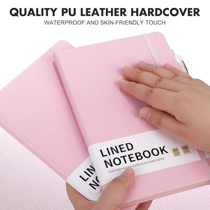 Aodaer 30 Set Lined Notebook Journals with Pens A5 Notebooks 100 GSM College Ruled Hardcover Notebook PU Leather Notepad with Pen Holder for Office School, 5.7 x 8.3 Inches, Pink - color: Pink