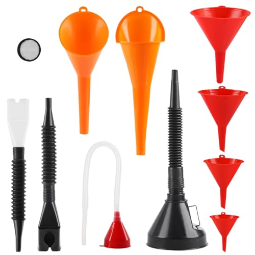 ZIMISI 10PCS Funnels for Automotive Use, Wide Mouth Funnel Set with Removable Filter and Hose, Plastic Flexible Oil Funnel Kit, Long Neck Fuel Funnels, Oil Change Tools for Coolant, Gasoline, Water