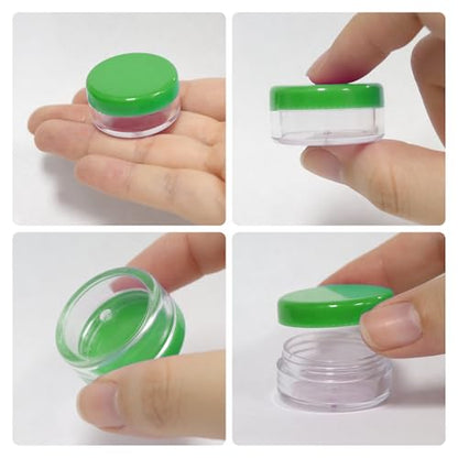 50 New Empty 5 Grams Acrylic Clear Round Jars - BPA Free Containers for Cosmetic, Lotion, Cream, Makeup, Bead, Eye shadow, Rhinestone, Samples, Pot, Small Accessories 5g/5ml (GREEN LID)
