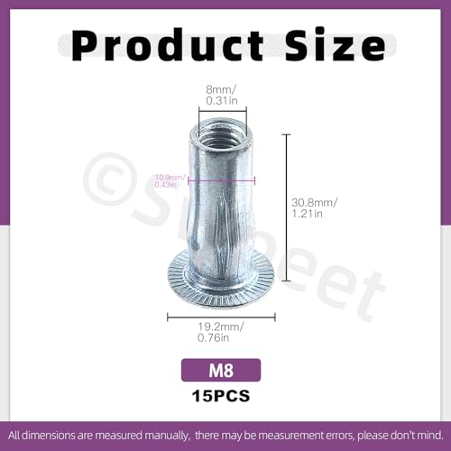 Swpeet 15Pcs M8 Metric Carbon Steel White Zinc-Plated Multi-Grip Rivet Nuts Plus Nuts Rivnuts Kit, Bulbed Shank Flat Head Threaded Insert Nut Construction Fasteners for Industrial - size: M8