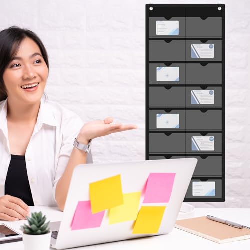 AmazingSpark 4 Pack 3'' x 5'' Index Card Holder Sleeve 16 Slot Plastic Organizer Hanging Wall Mount Business Note Cardholder PVC Clear Organizer Pocket for Classroom Office Library Home (Black) - color: Black