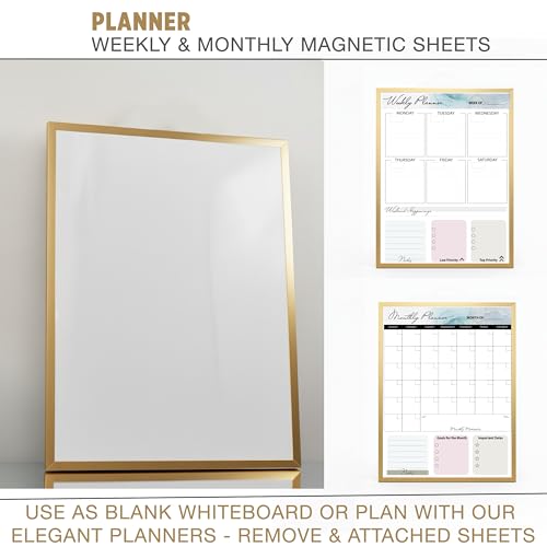 Magnetic Dry Erase Board 12 x 16 Inch with Foldable Stand, 2 Markers & Magnetic Eraser, Portable Gold Whiteboard for Wall Mount or Tabletop Use - style: Gold Stand + Planner