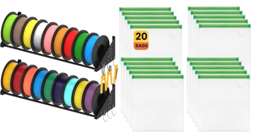 3D Printer Filament Storage Bundle – 20 Vacuum Storage Bags Moisture-Proof & Dustproof + Wall Mount Filament Rack (2 Pack) Heavy Duty Organizer Holds 18+ Spools for 3D Printer Accessories