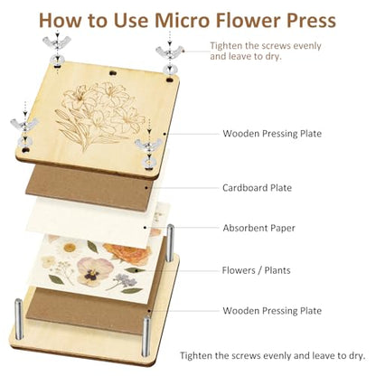 MeRGBWLife Mini Flower Press Kit, Pocket Size Plant Press for Small Flowers, Leaves and Herbs, Portable Wooden Press for Travel, DIY Crafts and Beginners,3.9X3.9inch - size: 3.9"x3.9"