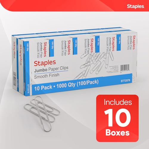 Staples Jumbo Paper Clips, Silver, Large Steel, 1,000-Pack - size: 1,000 Pack