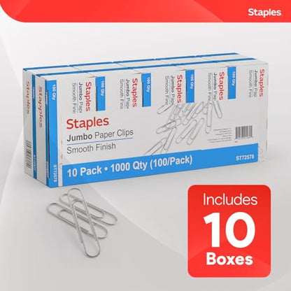 Staples Jumbo Paper Clips, Silver, Large Steel, 1,000-Pack - size: 1,000 Pack