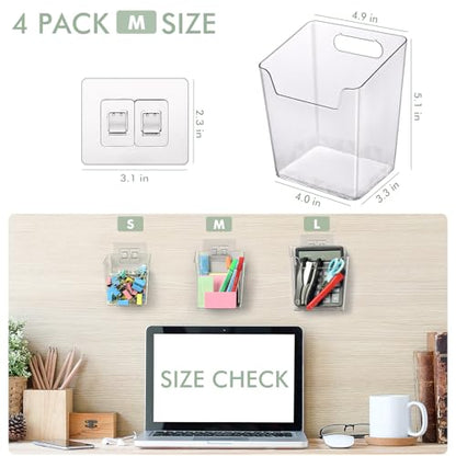 Clear Adhesive Wall Storage Bins 4-Pack Cabinet Door Organizer Cups(Medium) - size: Medium