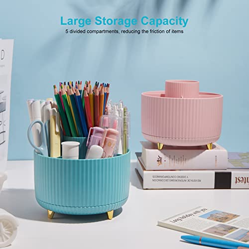 360 Degree Rotation Pen Holder, 5 Slots Office Desk Pen Organizer Multi-Functional Pencil Cup Makeup Brush Holder Office Business Card Pen Pencil Stationery Holder Storage Box Blue - color: Blue