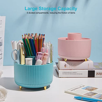 360 Degree Rotation Pen Holder, 5 Slots Office Desk Pen Organizer Multi-Functional Pencil Cup Makeup Brush Holder Office Business Card Pen Pencil Stationery Holder Storage Box Blue - color: Blue