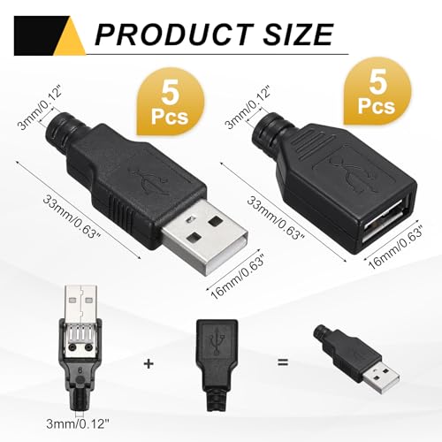 MECCANIXITY 10Pcs USB 2.0 Type A Male Female Plug Connector, 4 Pin Solder Terminal with 3mm Cable Hole for DIY Cable Repair Kit, Power Supply, Microcontroller Projects, Black, 33x16mm