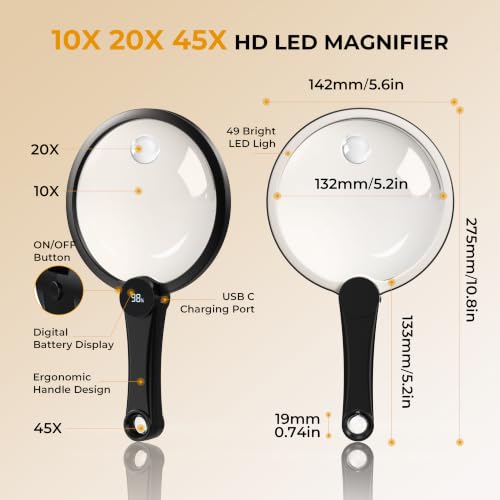 Magnifying Glass with Light, 10X 20X 45X Lighted Magnifying Glass(Black) - color: Black