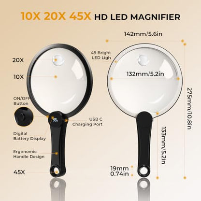 Magnifying Glass with Light, 10X 20X 45X Lighted Magnifying Glass(Black) - color: Black