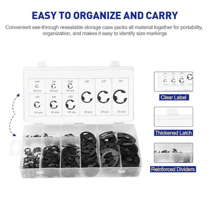 Boatsea 300Pcs E-Clip Circlip Assortment Set, External Retaining Clips Assortment Set, Alloy Steel Circlip Kit, Anti Walk Washers, Includes 17 Sizes of 1/16" - 7/8" - size: E-Clip 300PCS