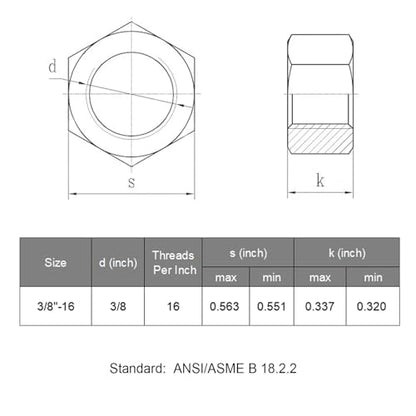 VGBUY 50pcs 3/8-16 Hex Nuts, 304 Stainless Steel 18-8 External Hex nut 3/8 16 inch, SAE Hex Machine Screw Nuts Hardware Nuts (VG01305) - size: 3/8"-16(50pcs)