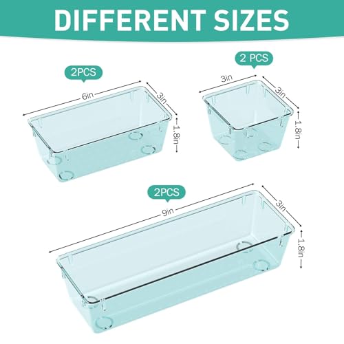 6 Pack Clear Drawer Organizer Set, Drawer Storage Trays, Storage Bins - color: Sea Blue, size: 6 PCS