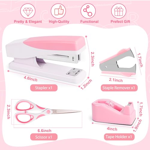 Pink Desk Accessories Set for Women, Stapler and Tape Dispenser Set with Scissor, Staple Remover, Clips & Tabs, Cute Office Supplies Kit for Desk Organization, School, Home & Office, Gift Idea - color: Pink
