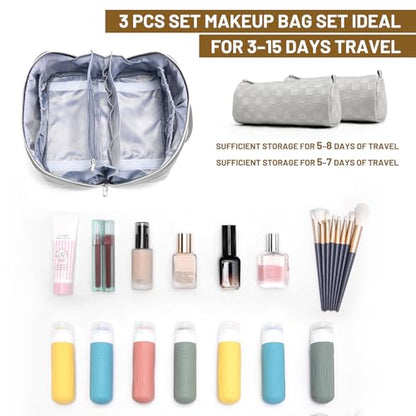 BOYATU Travel Makeup Bag Organizer: 180°Open-Flat 3 Pcs Make up Bags Set - color: 01-F-Gray