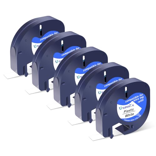 12mm 91331 Plastic White Label Compatible for Dymo LetraTag Refills, 5-Pack - color: Black on White Plastic
