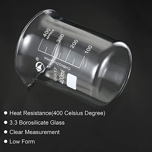 PATIKIL 400ml Low Form Glass Beaker, 3.3 Borosilicate Glass Graduated Printed Scale Measuring Cups with Spout for Kitchen Lab Liquids Transit Boiling - size: 400ml