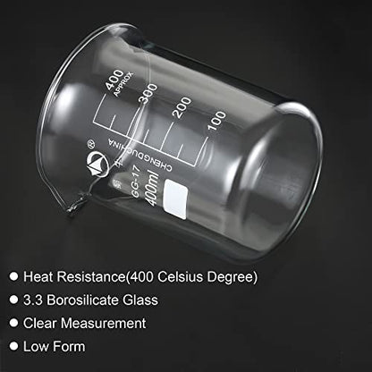 PATIKIL 400ml Low Form Glass Beaker, 3.3 Borosilicate Glass Graduated Printed Scale Measuring Cups with Spout for Kitchen Lab Liquids Transit Boiling - size: 400ml
