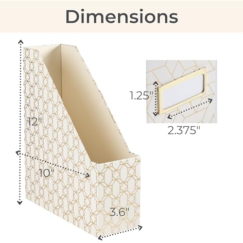 BLU MONACO | Cardboard Magazine File Holder Set of 4 | Vertical Magazine File Holder for Desk and Shelves | Cream Gold Foldable Magazine Holders with Label Slots - color: Cream Gold Woven