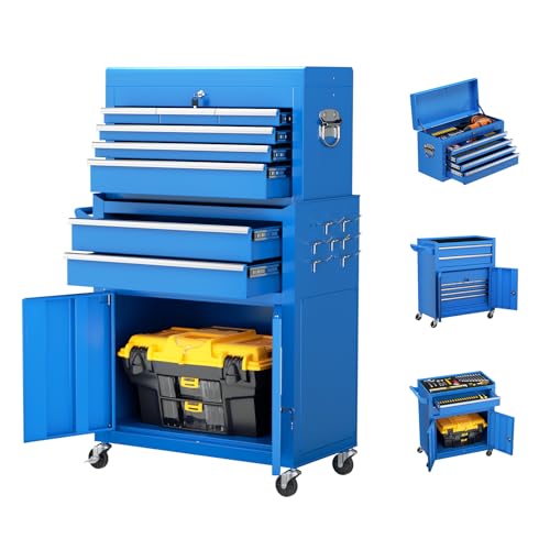 Oakcloud Heavy-Duty 8-Drawer Rolling Tool Chest & Cabinet Combo with Black Liner – Lockable Steel Garage Tool Box on Wheels – Detachable Top Toolbox & Bottom Storage Cart with Side Hooks, Blue - color: Blue, size: 8-Drawer