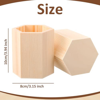 DoubleFill 12 Pack Wooden Pencil Holder Unfinished Wood Pen Holder for DIY Crafts 3 x 3 x 4 Inch Mini Wood Desk Organizer for Back to School Classroom Homemade Art Projects Supplies(Hexagonal)