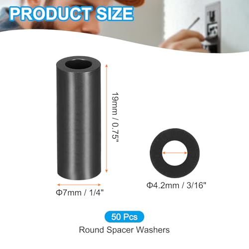 PATIKIL 50Pcs ABS Spacers 4mm ID, 7mm OD, 19mm Height Plastic Round Stud Spacer Black Nylon Washers Nut Unthreaded Rubber for M4 Screws Bolts Barrel - size: 4mm ID, 7mm OD, 19mm Height