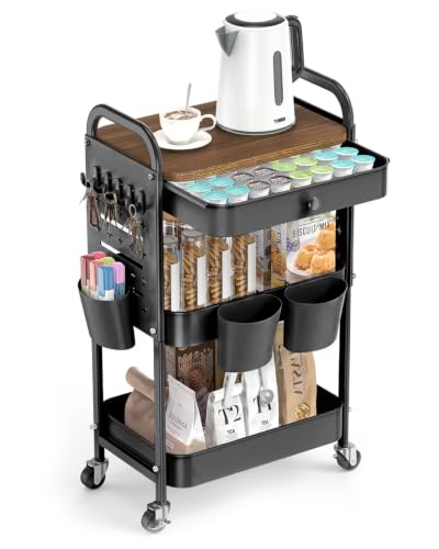 ALVOROG 3 Tier Metal Rolling Cart with Drawer,Wood Top,Pegboards,Black - color: Black