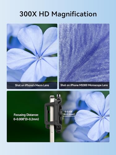 MIAO LAB 300X Phone Microscope Lens, Phone Camera Micro Lens with Universal Clip/LED Light/CPL, Mini Pocket Microscope Attachment for iPhone 17/16/15/14/13 Series and Most Smartphone MS300(300X)