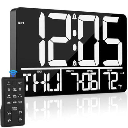 PERSUPER 13" Digital Wall Clock Large Display with Remote, Temp & Timer - style: White