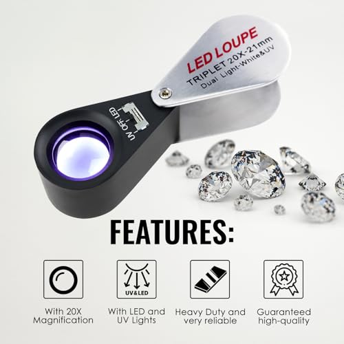 20x Foldable Pocket Magnifier Jewelers Loupe with UV and LED Light for Jewelry, Rocks, Coins, and Antiques - Illuminated Magnifying Tool for Eye, Stamps, Watches, Hobbies, and Gems - color: 20x Magnification