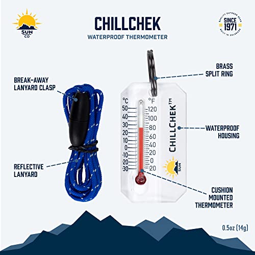 Sun Company ChillChek - Waterproof Thermometer with Breakaway Lanyard | Water Proof Temperature Gauge for Swimming, Diving, Snorkeling, Fishing, or Camping | Small Portable Outdoor Thermometer